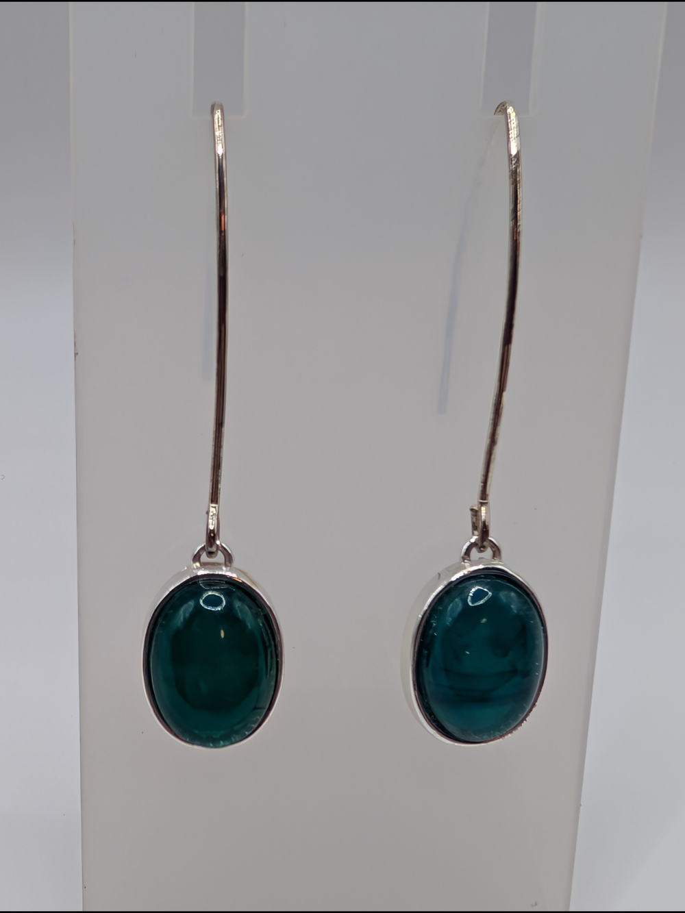 Silver Tone Teal Drop Earrings with Oval Glass Stones